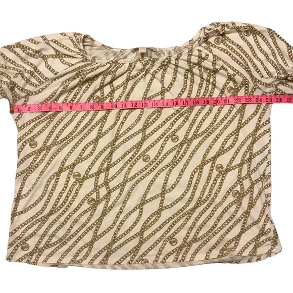 MICHEAL KORS CREAM & BROWN CHAIN DESIGN 3/4 LENGTH RUFFLE SLEEVE TOP/ Size 2X - Picture 7 of 8